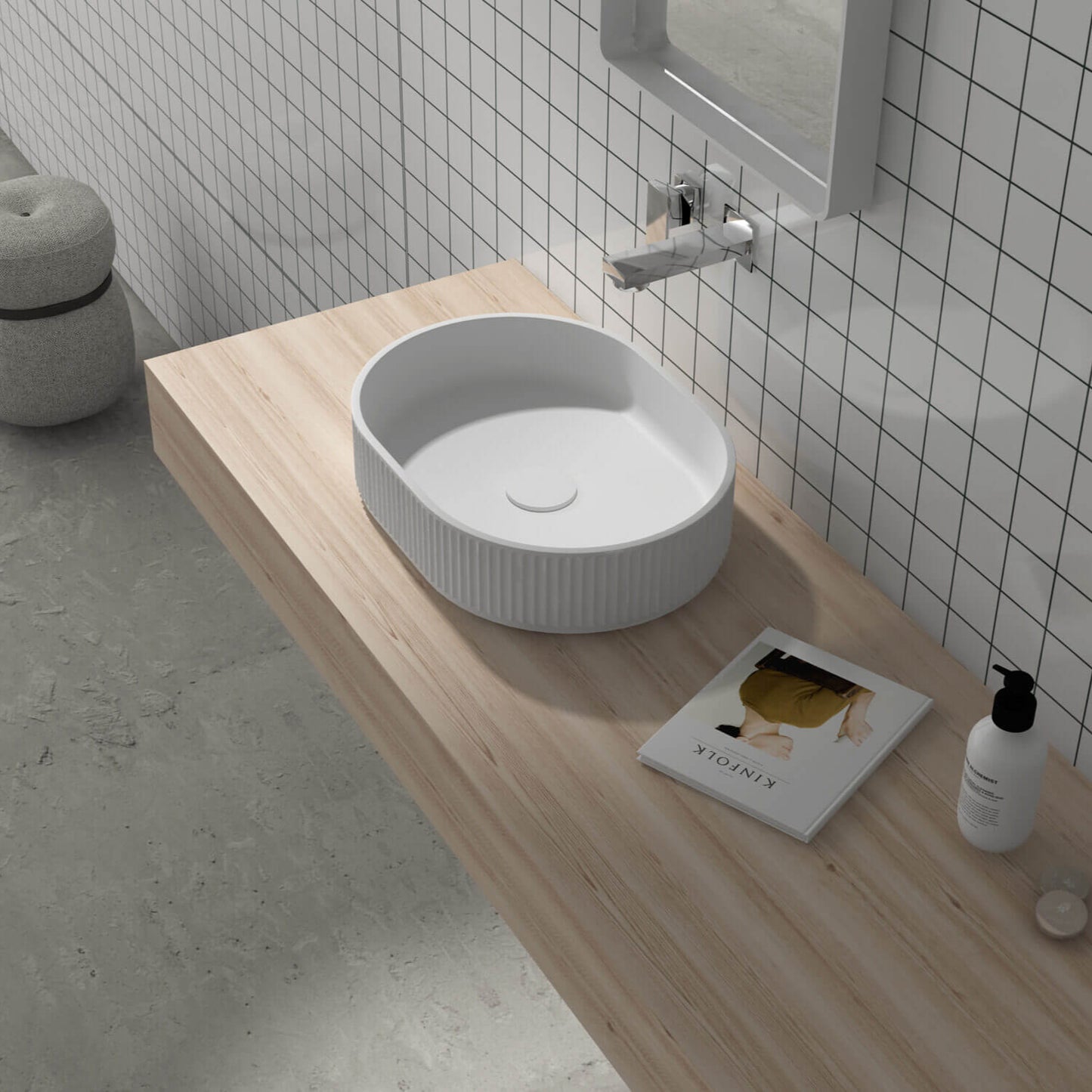 Ruvati 19 x 14 inch Fluted Vessel Bathroom Sink epiStone Solid Surface Modern Oval Matte White