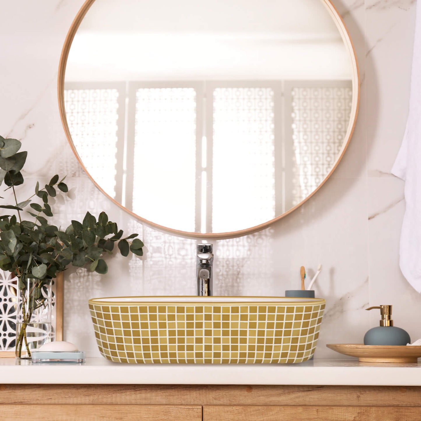 Ruvati 15 x 15 inch Bathroom Vessel Sink Gold Decorative Pattern Above Vanity Counter White Porcelain Ceramic